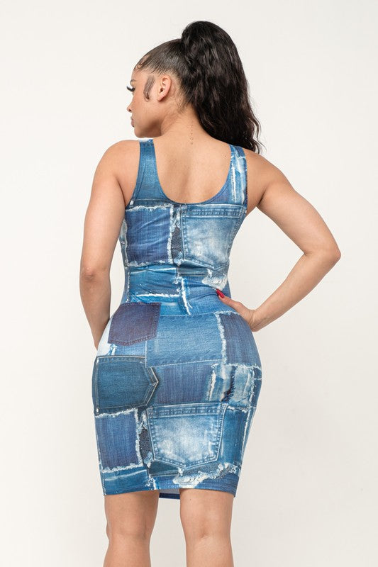 Denim Sublimation Print Bodycon Tank Midi Dress