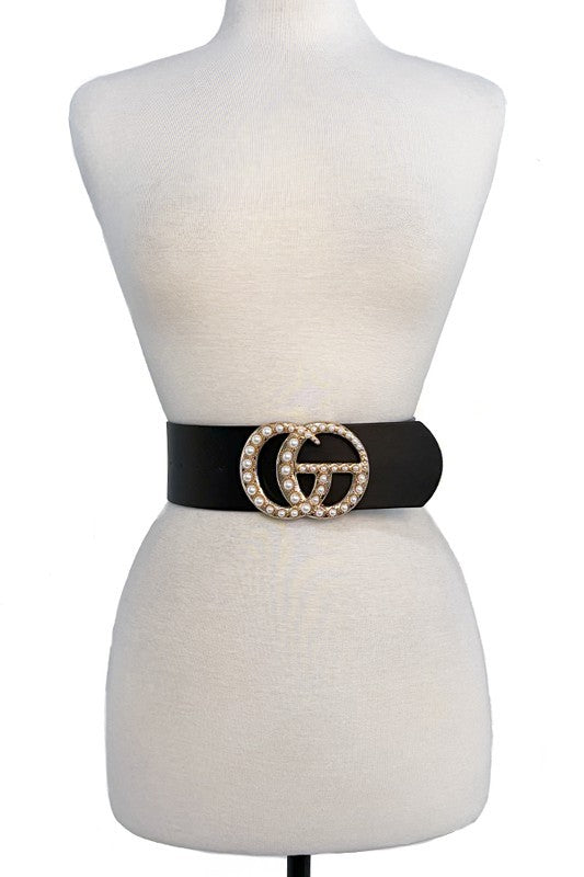 CG Faux Leather Pearl Buckle Accent Fashion Belt