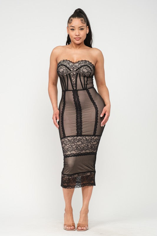 Women's Lace Detail Tube Midi Dress
