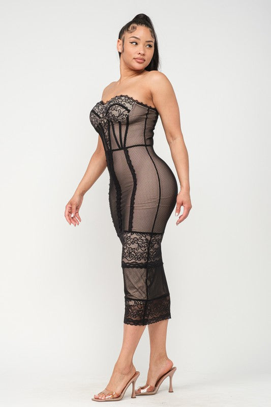 Women's Lace Detail Tube Midi Dress
