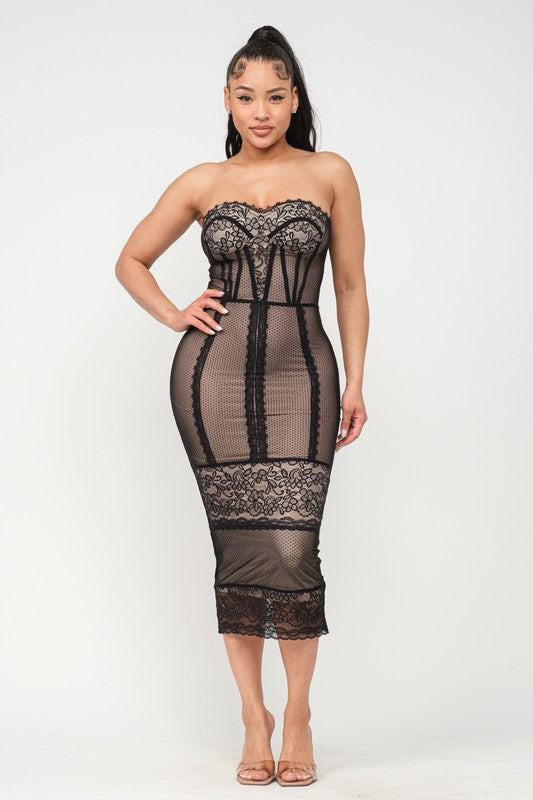 Women's Lace Detail Tube Midi Dress
