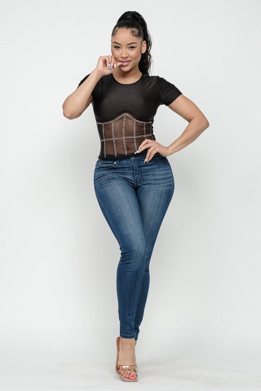 Front Studs Embellished Detail Contrast Mesh Top