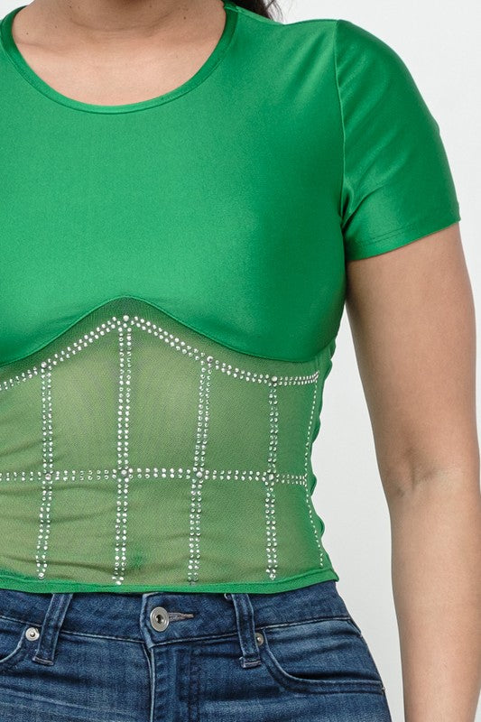 Front Studs Embellished Detail Contrast Mesh Top