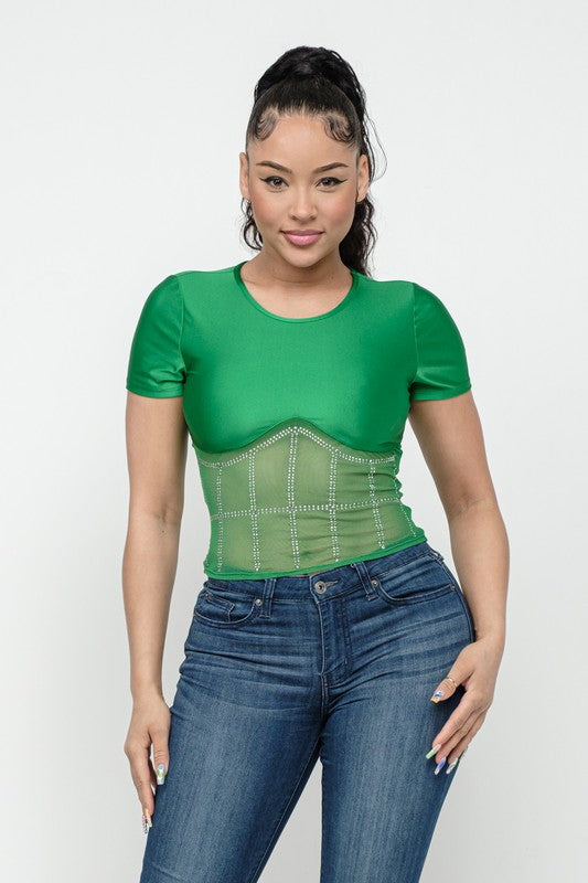 Front Studs Embellished Detail Contrast Mesh Top