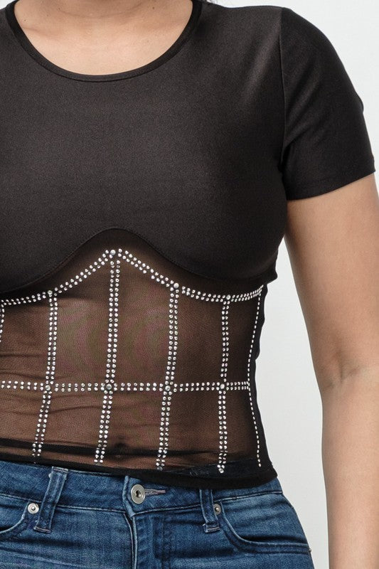 Front Studs Embellished Detail Contrast Mesh Top