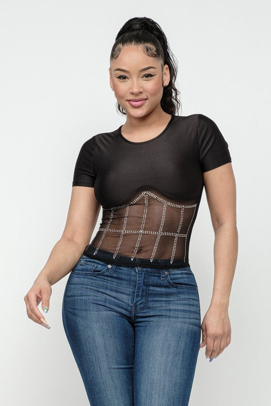 Front Studs Embellished Detail Contrast Mesh Top