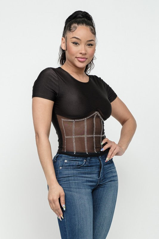 Front Studs Embellished Detail Contrast Mesh Top