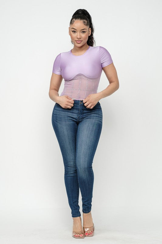 Front Studs Embellished Detail Contrast Mesh Top
