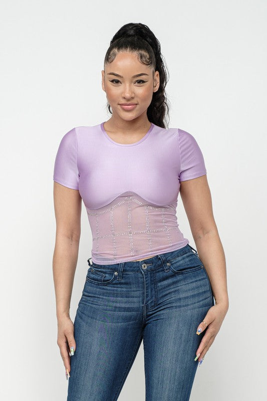 Front Studs Embellished Detail Contrast Mesh Top