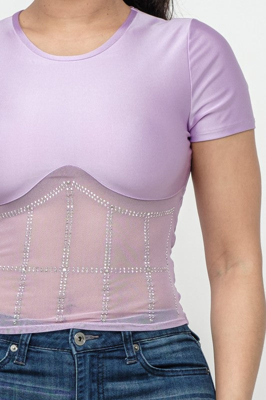 Front Studs Embellished Detail Contrast Mesh Top