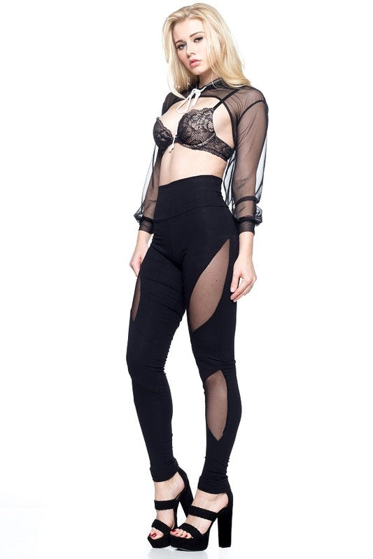 Women's Black High Waisted Leggings with Mesh Detail