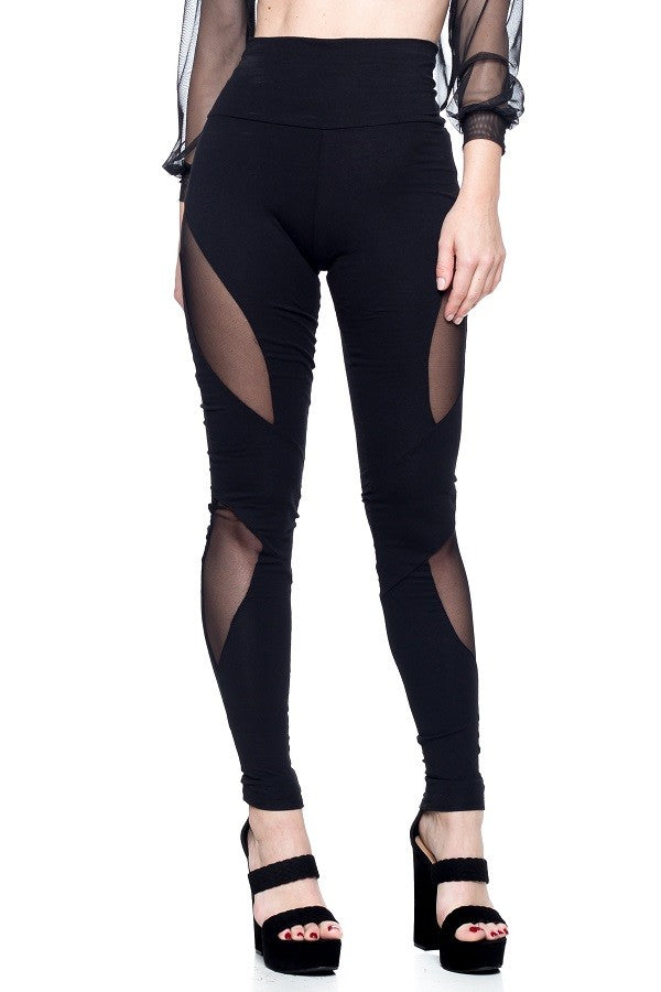 Women's Black High Waisted Leggings with Mesh Detail