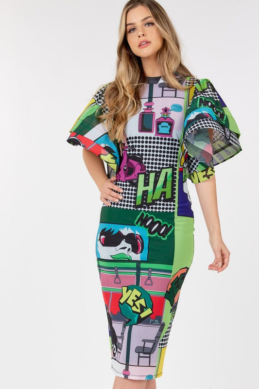 Women's HaHa Print Short Sleeve Bodycon Midi Dress