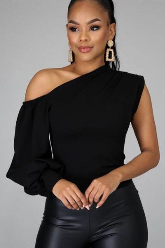Women's One Shoulder Puff Sleeve Solid Blouse Top