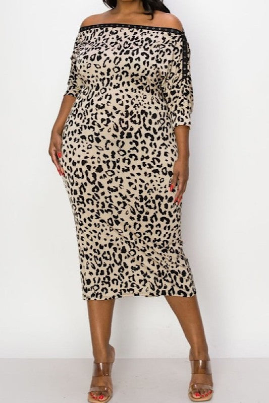 Plus Size Leopard Print Off Shoulder Midi Dress