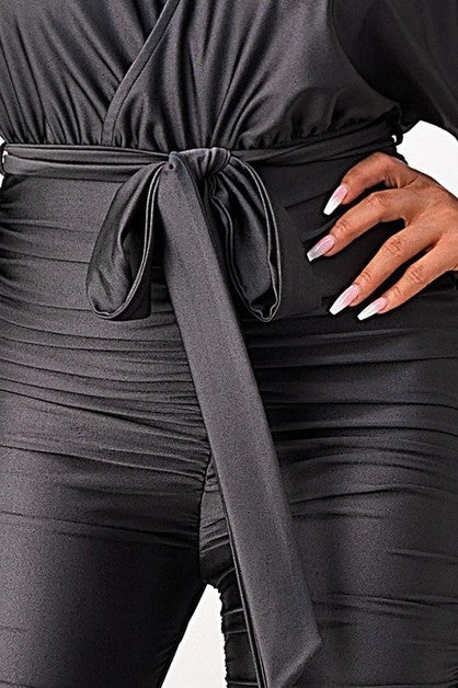 Women's V-neck Tie Shiny Jumpsuit