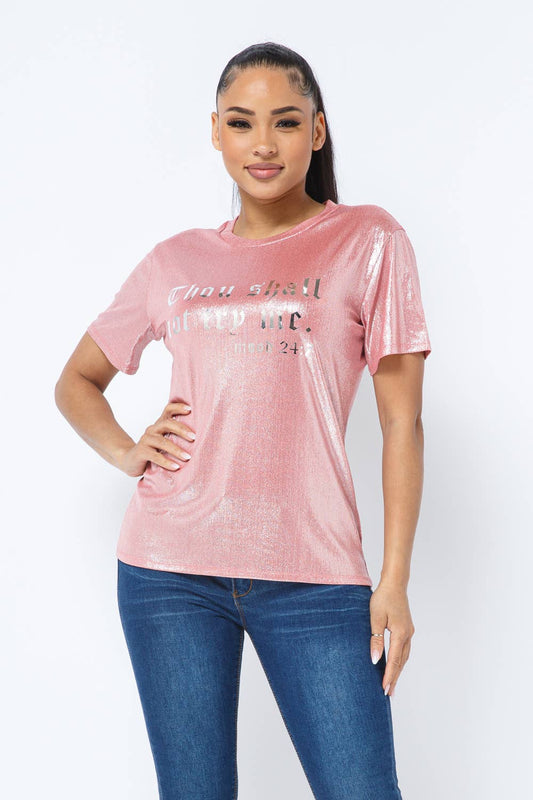 Shinny Foil Fabric Foil Print Short Sleeve Top
