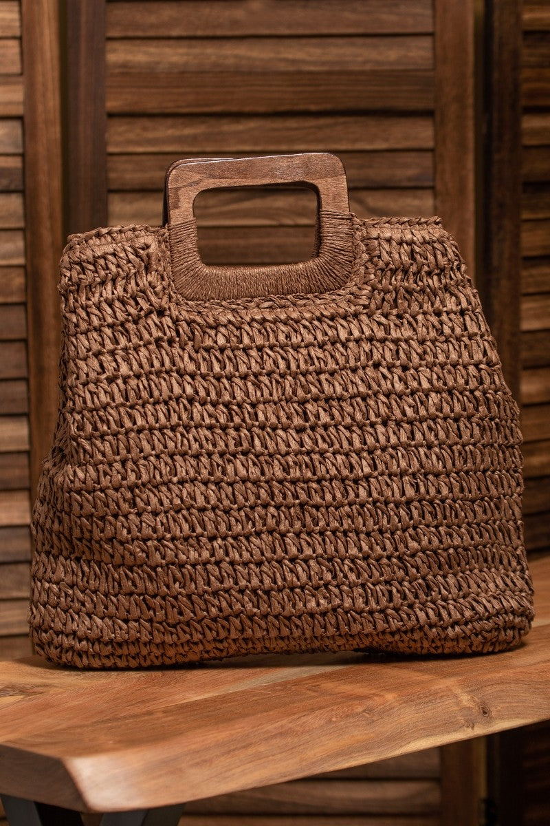 Natural Straw Crochet Bag with Wooden Handle Purse