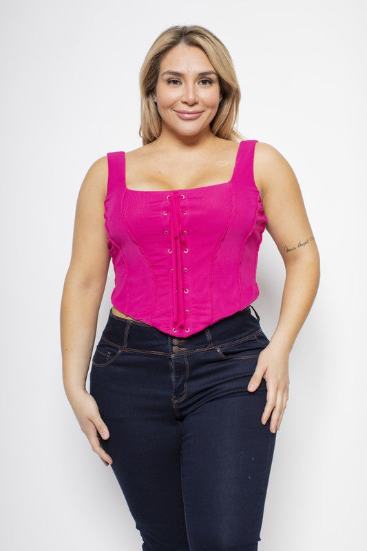Plus Size Mesh Lace Up Corset Top