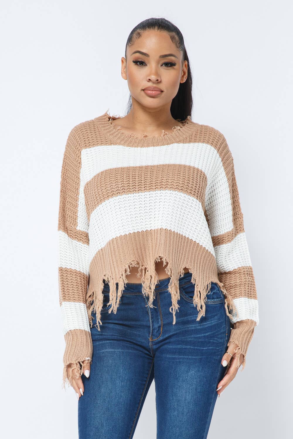 Women's Stripe Knit Distressed Cozy Sweater