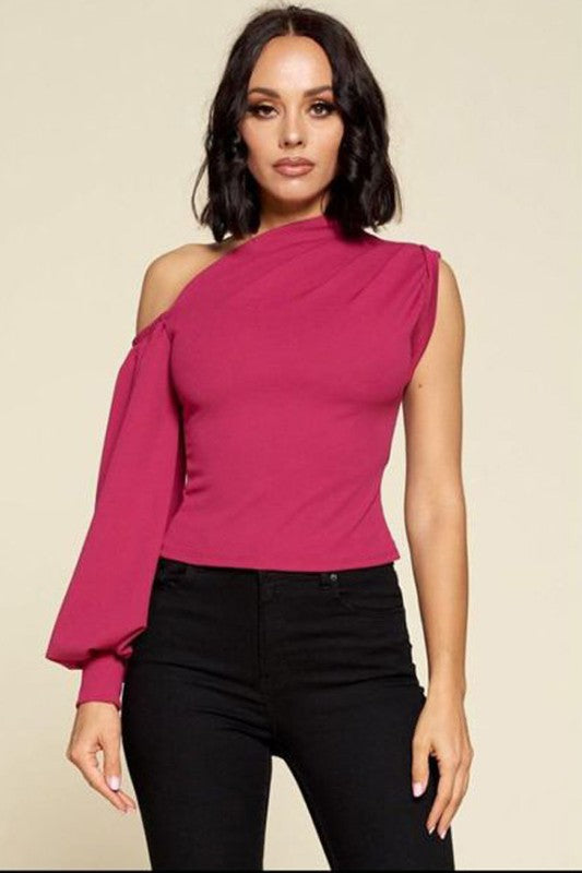 Women's One Shoulder Puff Sleeve Solid Blouse Top