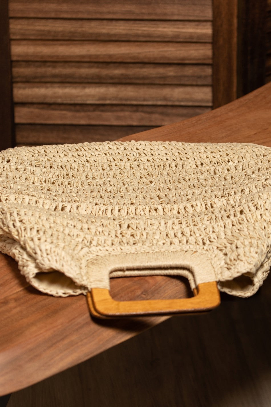 Natural Straw Crochet Bag with Wooden Handle Purse