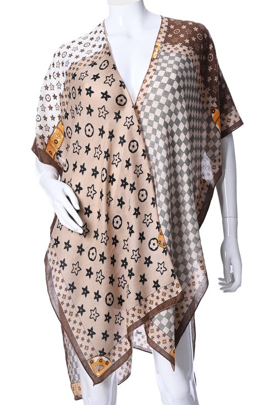 Flower Monogram Color Block Cover-Up Long Kimono