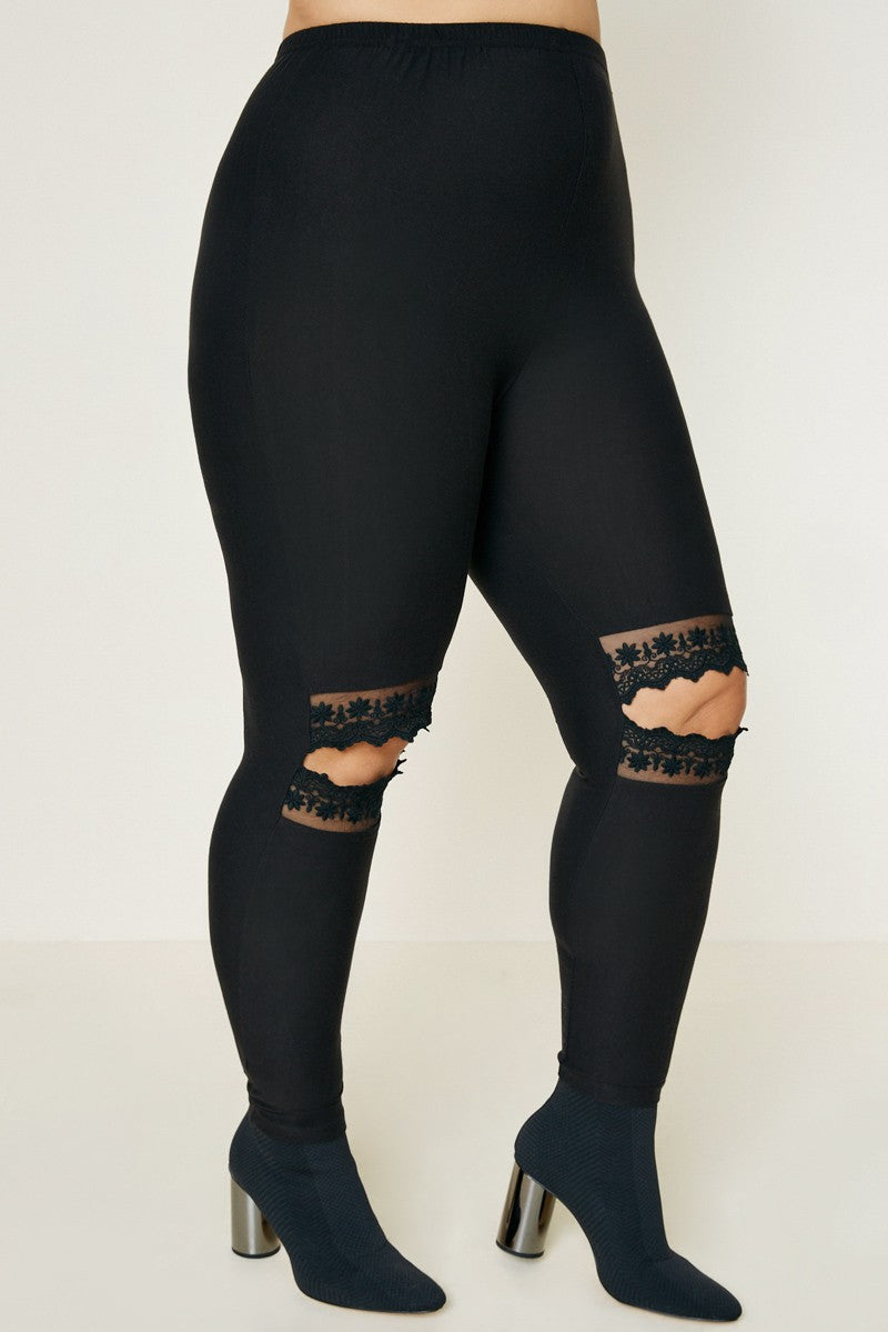 Plus Size Lace Cut-Out Brushed Legging