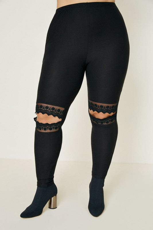 Plus Size Lace Cut-Out Brushed Legging