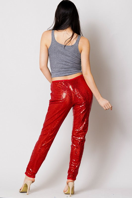 SEQUINED HIGH WAIST SKINNY HEM FULL LENGTH PANTS