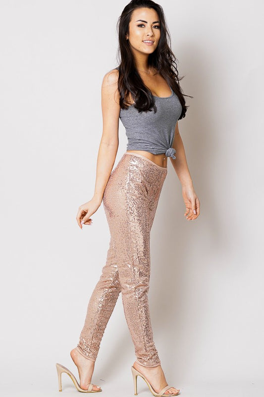SEQUINED HIGH WAIST SKINNY HEM FULL LENGTH PANTS