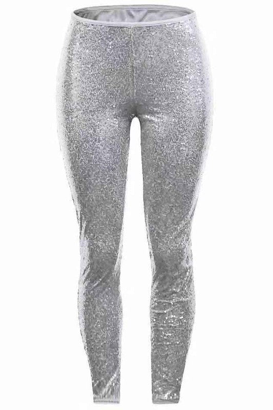 SEQUINED HIGH WAIST SKINNY HEM FULL LENGTH PANTS