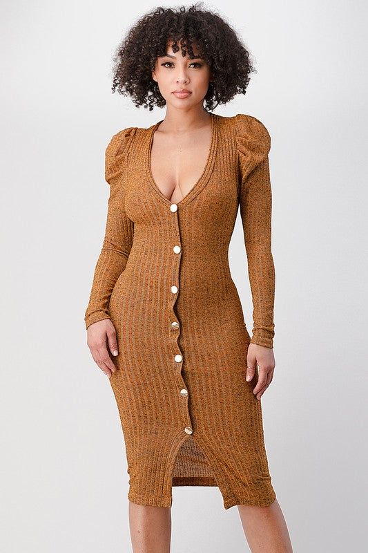 Women's Puffy Sleeve Lurex Rib Midi Bodycon Dress
