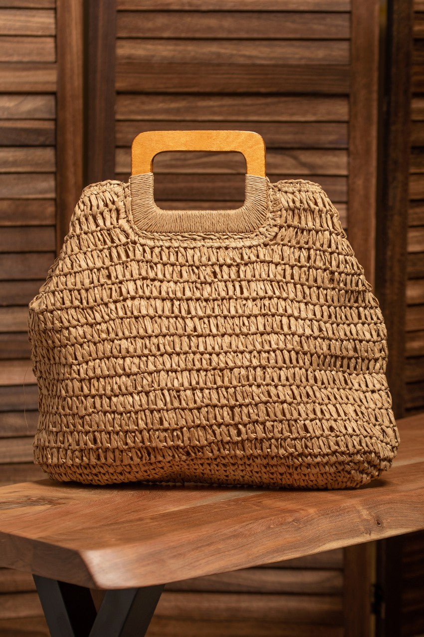 Natural Straw Crochet Bag with Wooden Handle Purse