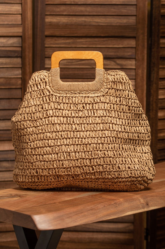 Natural Straw Crochet Bag with Wooden Handle Purse