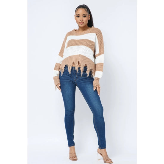 Women's Stripe Knit Distressed Cozy Sweater