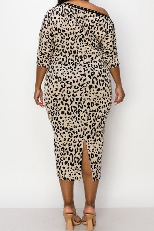 Plus Size Leopard Print Off Shoulder Midi Dress