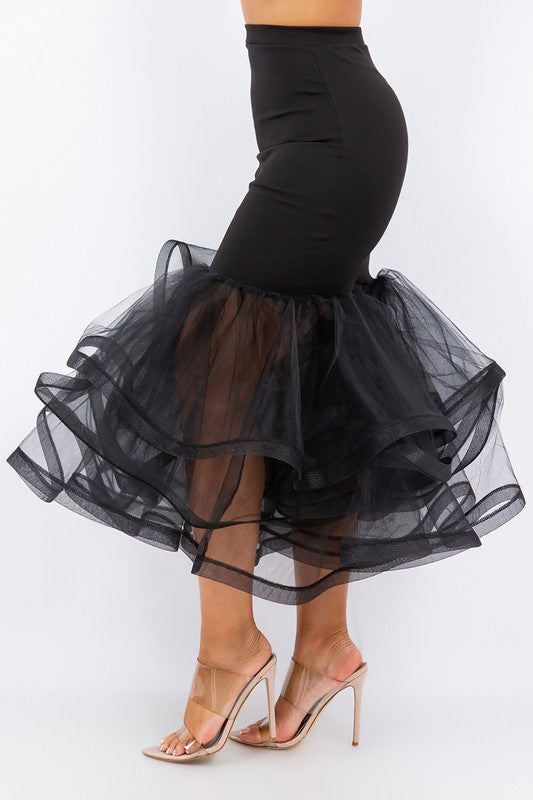 Plus Size Black Solid Tiered Layers Midi Mermaid Skirt