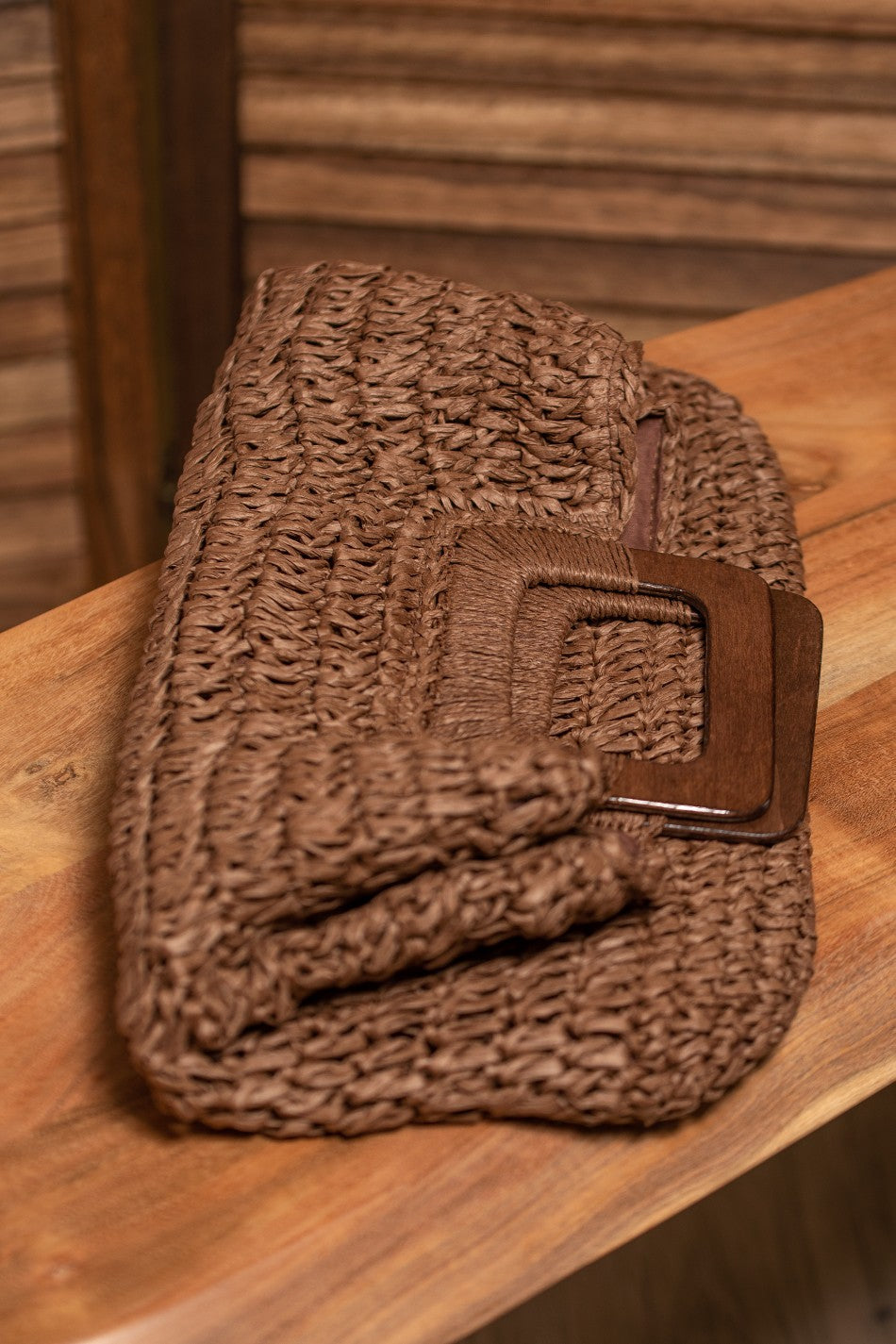 Natural Straw Crochet Bag with Wooden Handle Purse