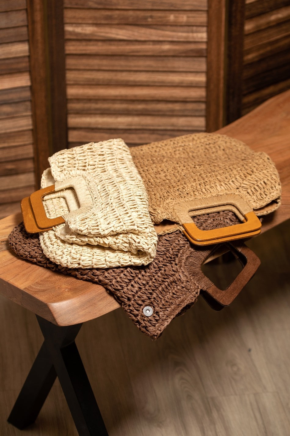 Natural Straw Crochet Bag with Wooden Handle Purse