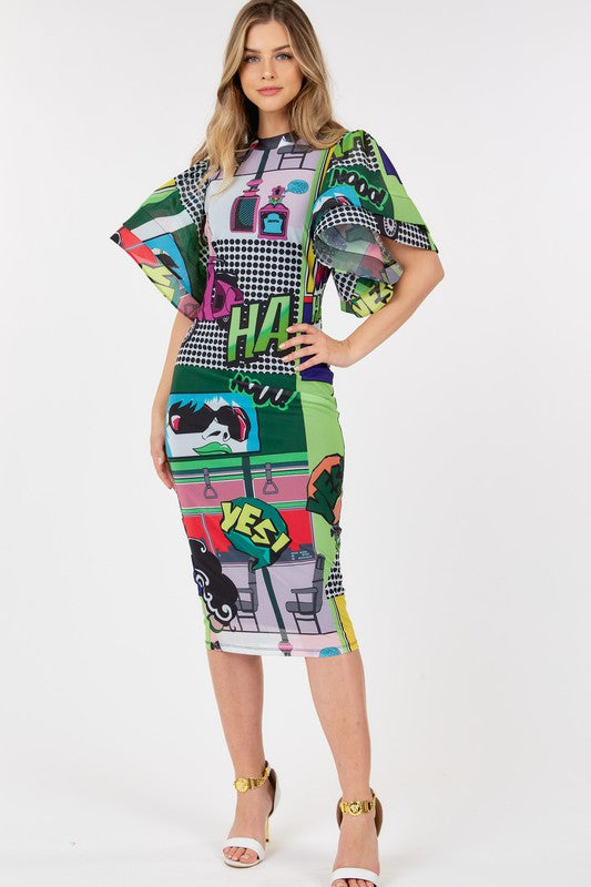 Women's HaHa Print Short Sleeve Bodycon Midi Dress