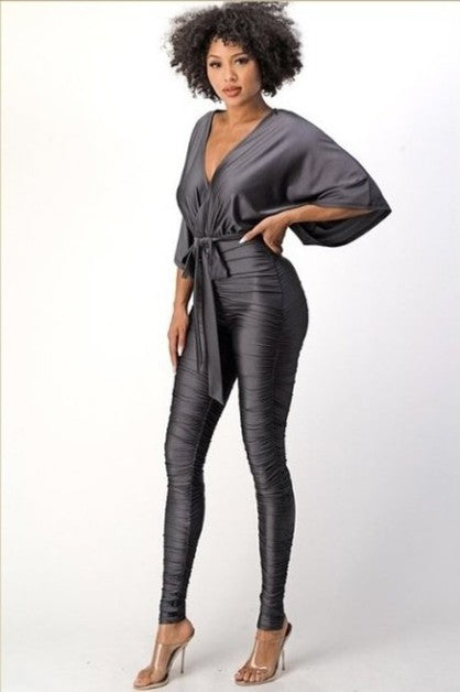 Women's V-neck Tie Shiny Jumpsuit