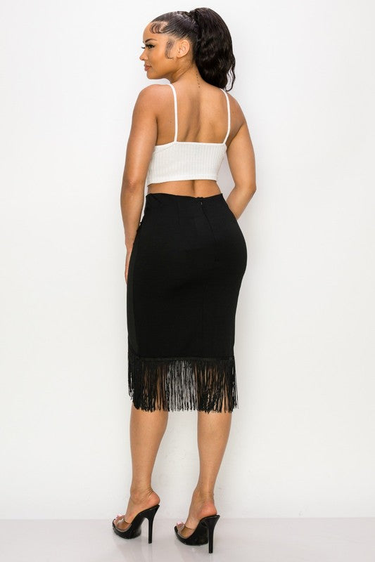 Women's Ruched Draped Fitted Fringe Hem Pencil Skirt