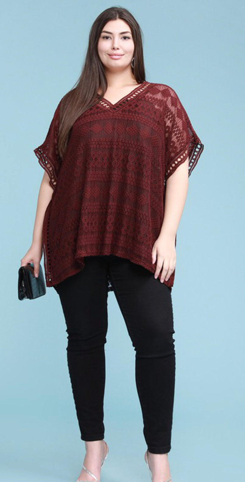 Plus Size Wine Colored Embroidered Lace Poncho Dressy Top
