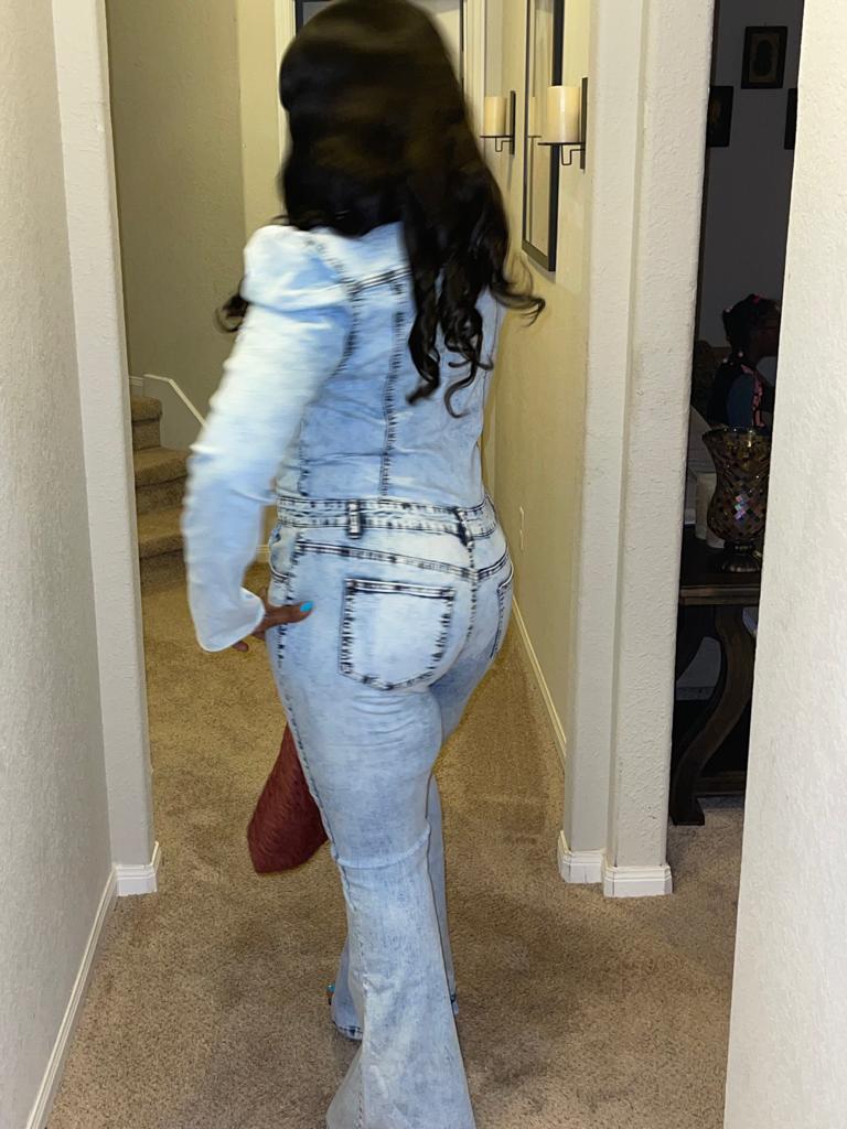 Flare Denim Puff Sleeve Jumpsuit