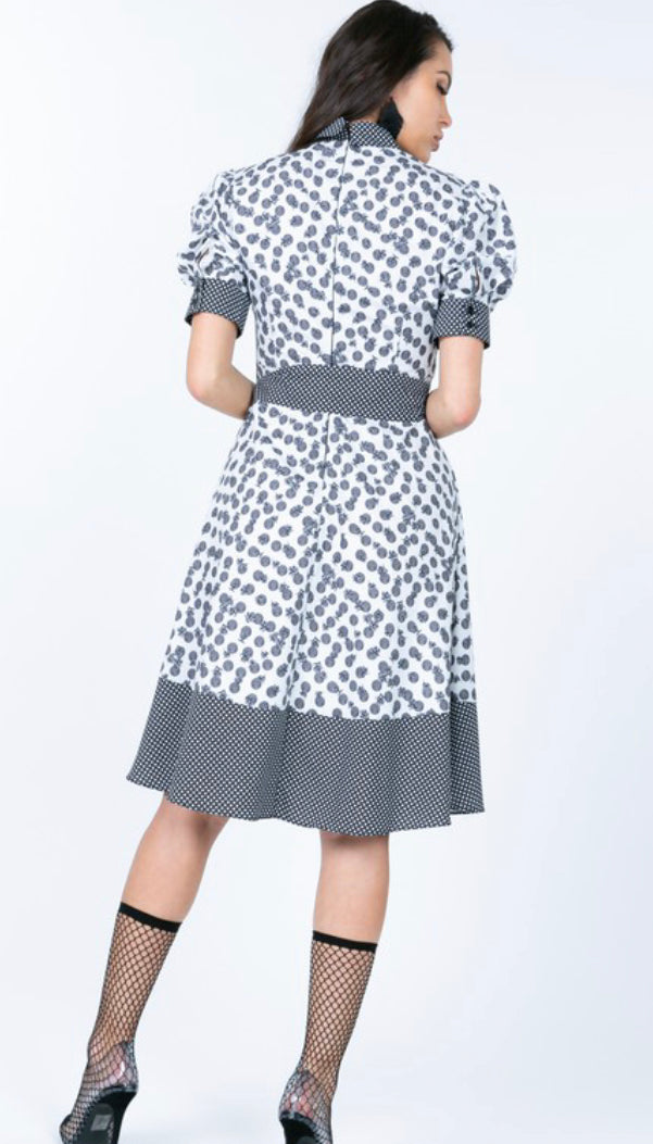 Dot Print Mix Waist Sash Belt Flare Dress