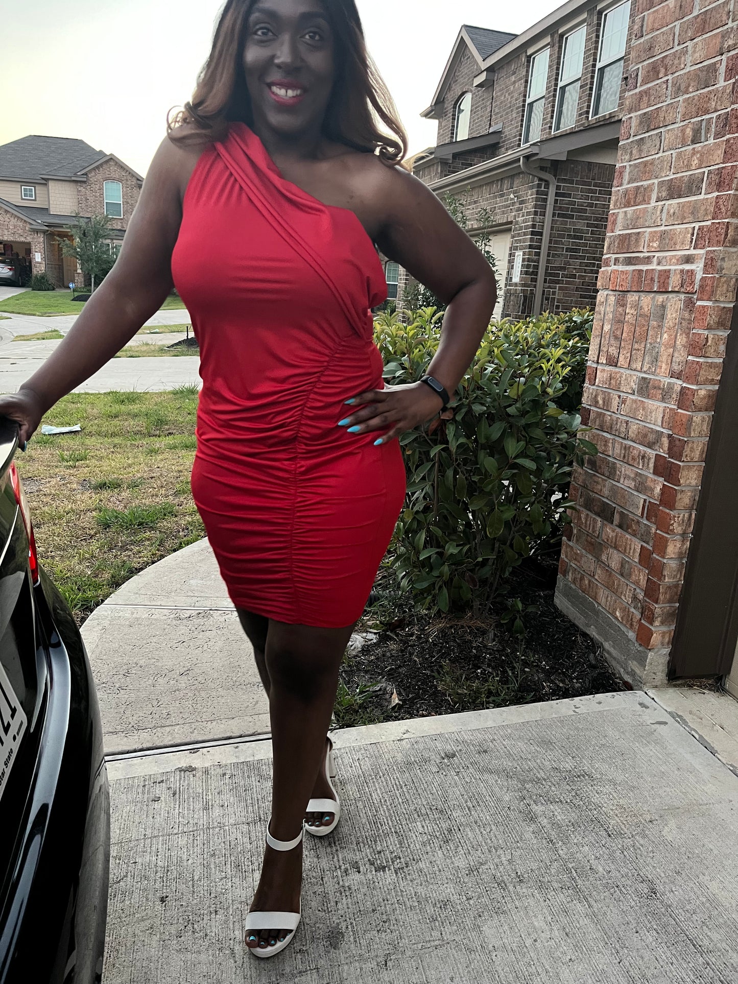 Red Plus Size One Shoulder Ruched Dress