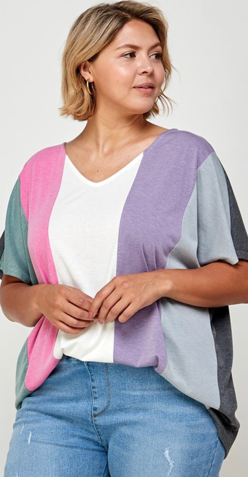 Plus Size Striped Color-block Casual Relaxed Fit V Neck Tunic Top