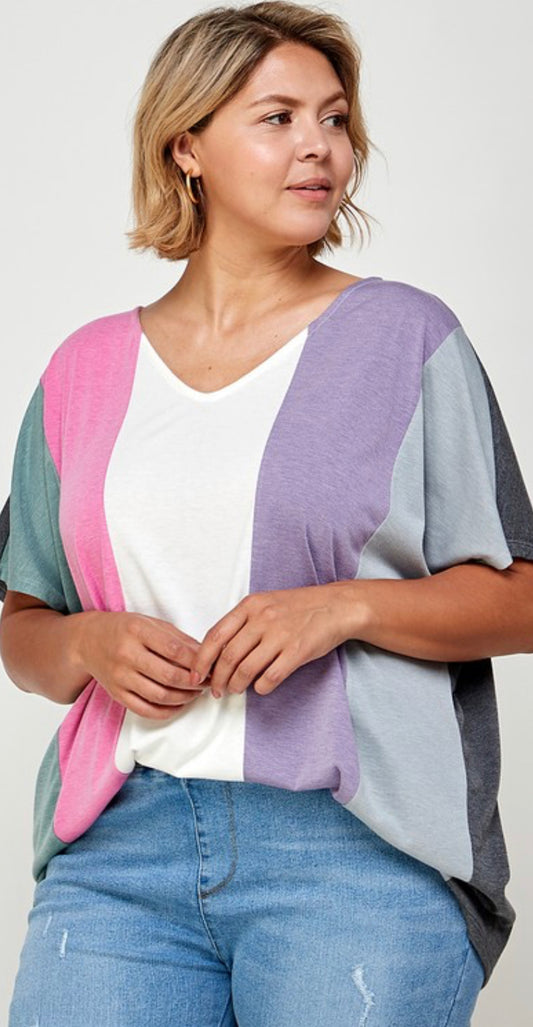 Plus Size Striped Color-block Casual Relaxed Fit V Neck Tunic Top