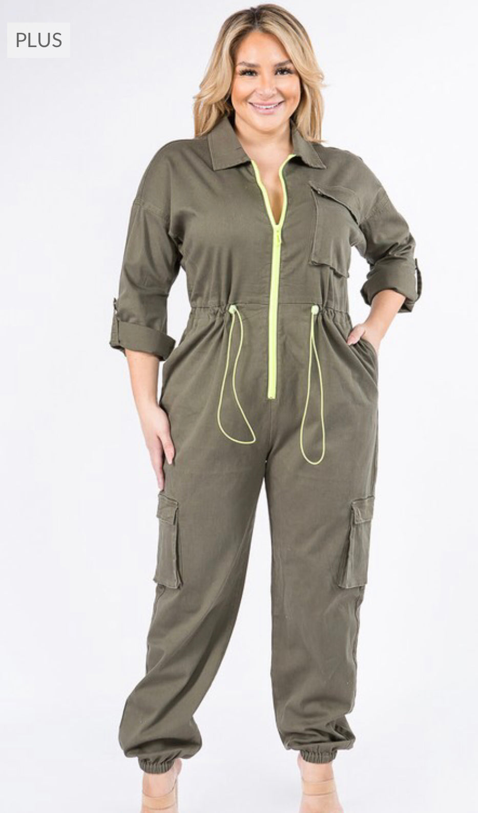 Plus Size Zipper Front Utility Cargo Jumpsuit